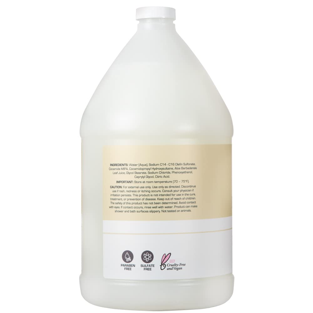 Ginger Lily Farms cruelty-free vegan badge on 1-gallon body wash packaging.