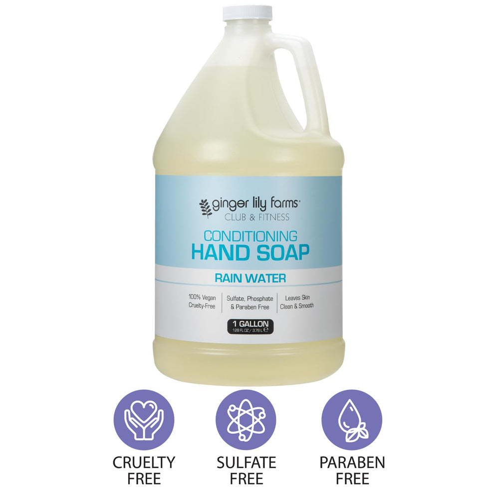 Ginger Lily Farms eco-friendly packaging on gallon refill emphasizes plastic-reduction benefit.