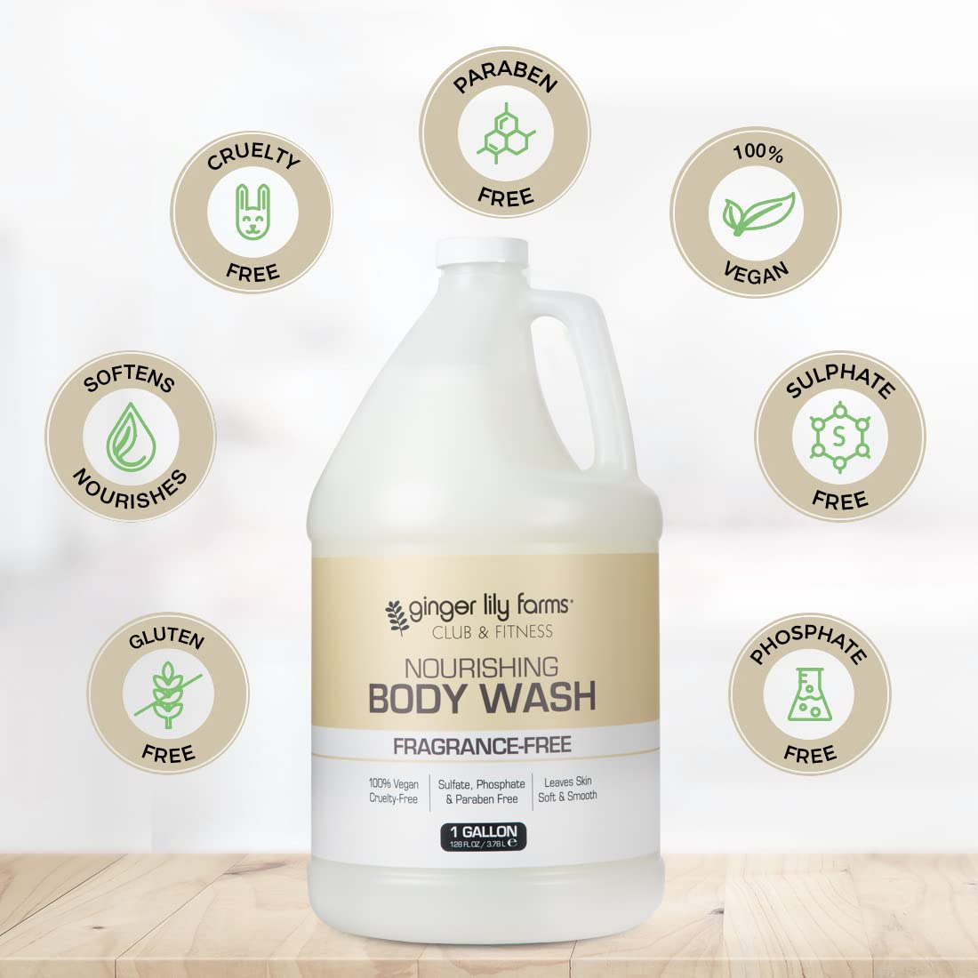 Ginger Lily Farms fragrance-free nourishing body wash bottle highlights hydrating botanicals.