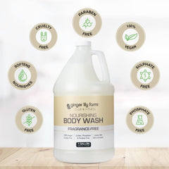 Ginger Lily Farms fragrance-free nourishing body wash bottle highlights hydrating botanicals.