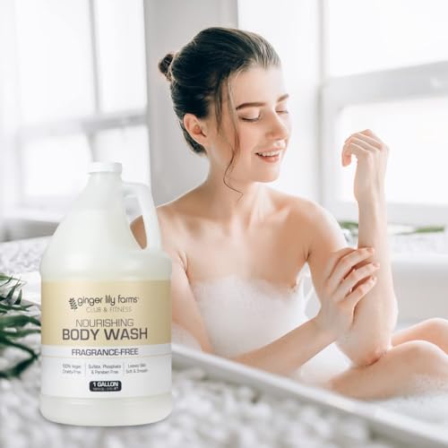 Ginger Lily Farms fragrance-free shower gel in use-friendly pump for daily showers.