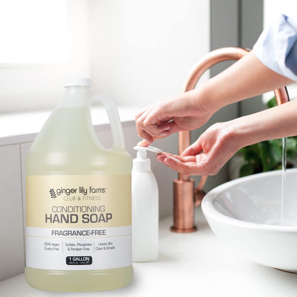 Ginger Lily Farms gallon refill in dispenser area, ideal for gyms and hotels.