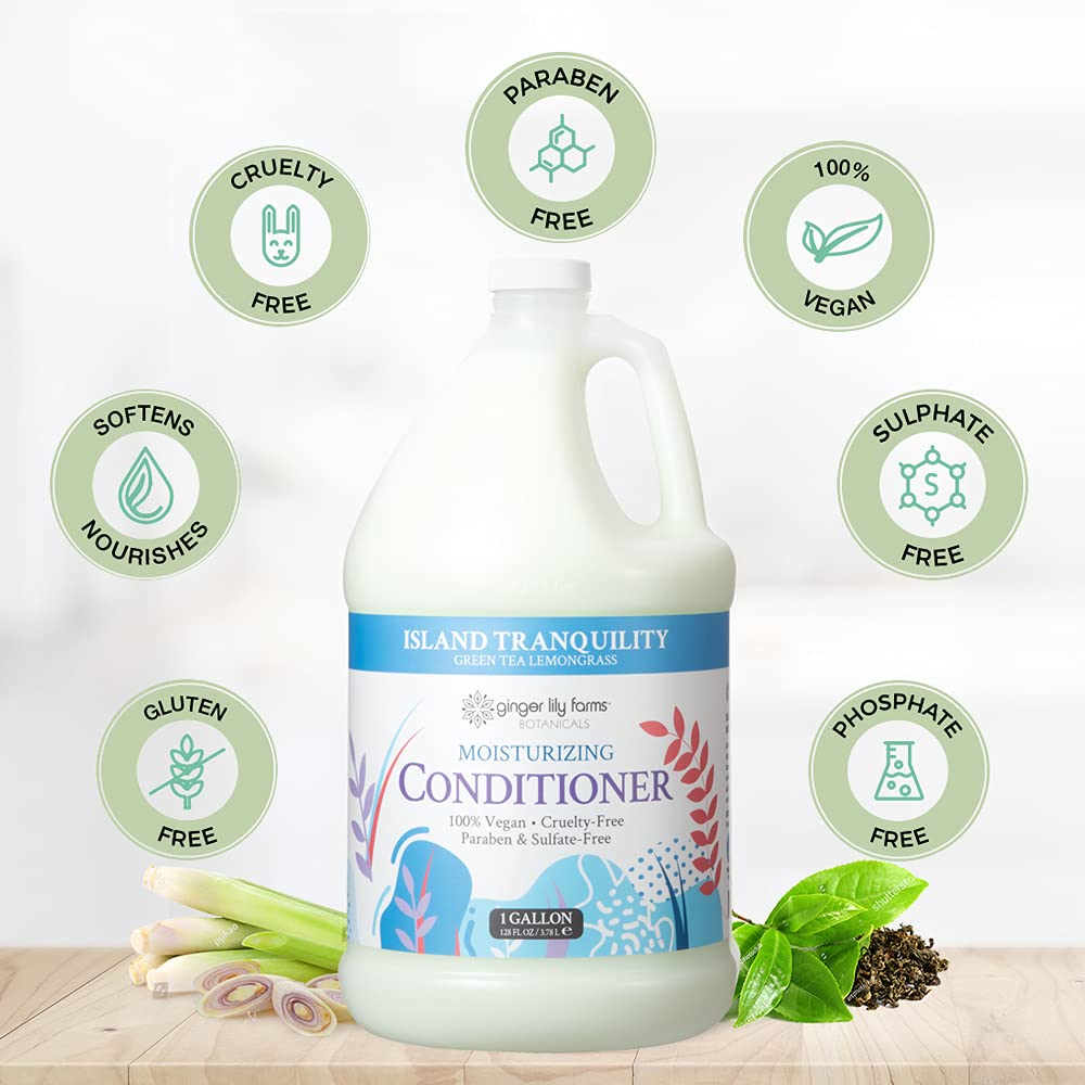 Ginger Lily Farms Island Tranquility green tea lemongrass scent bottle conveys calming aroma.
