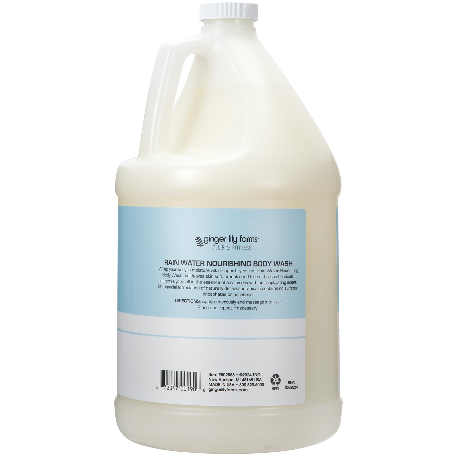 Ginger Lily Farms Rain Water closeup emphasizes hydrating, botanical ingredients for softer skin.