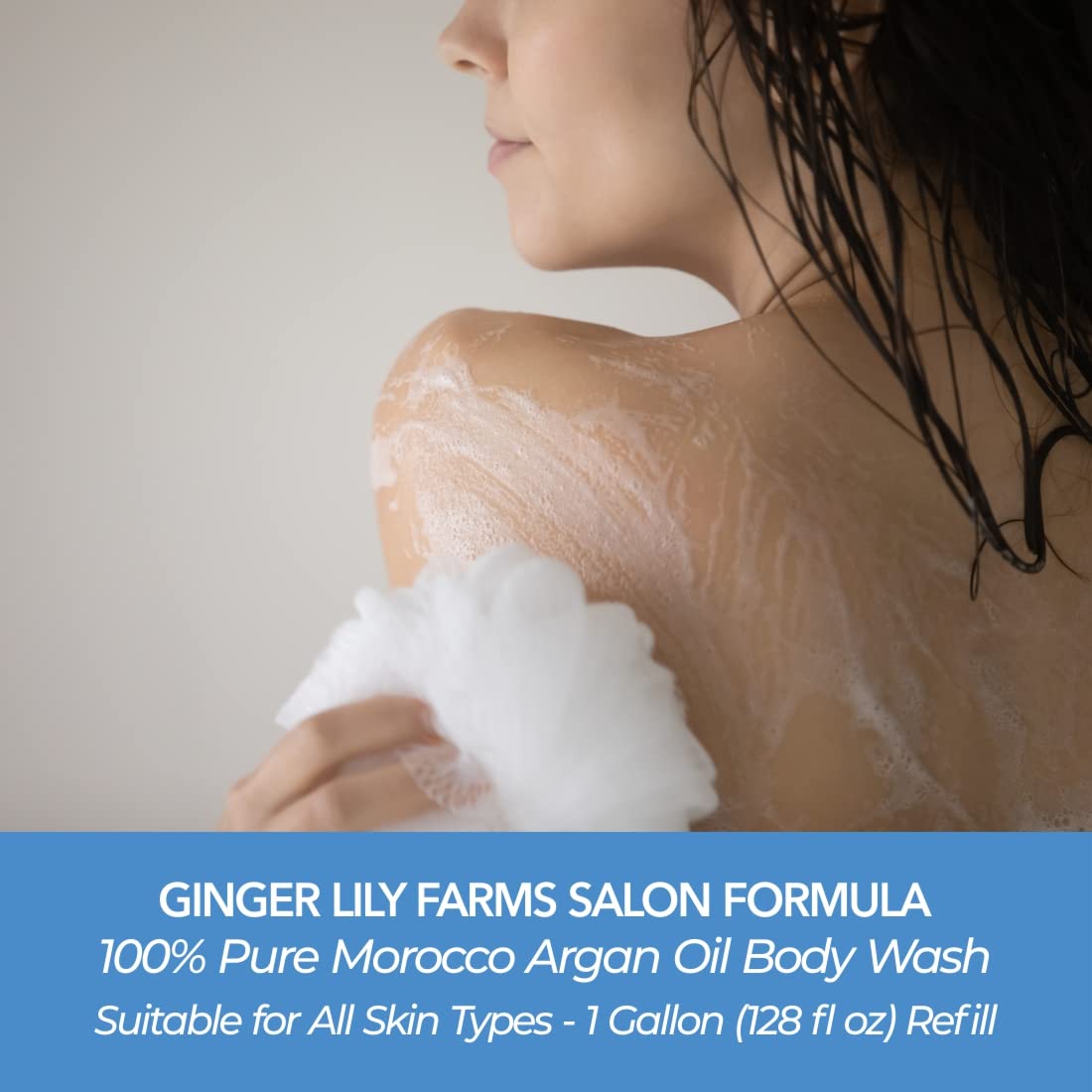 Ginger Lily Farms Salon Formula Argan Oil Body Wash bottle close-up showing premium Moroccan argan oil