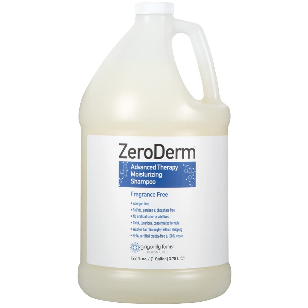 Ginger Lily Farms ZeroDerm advanced therapy shampoo bottle shows concentrated cleansing power