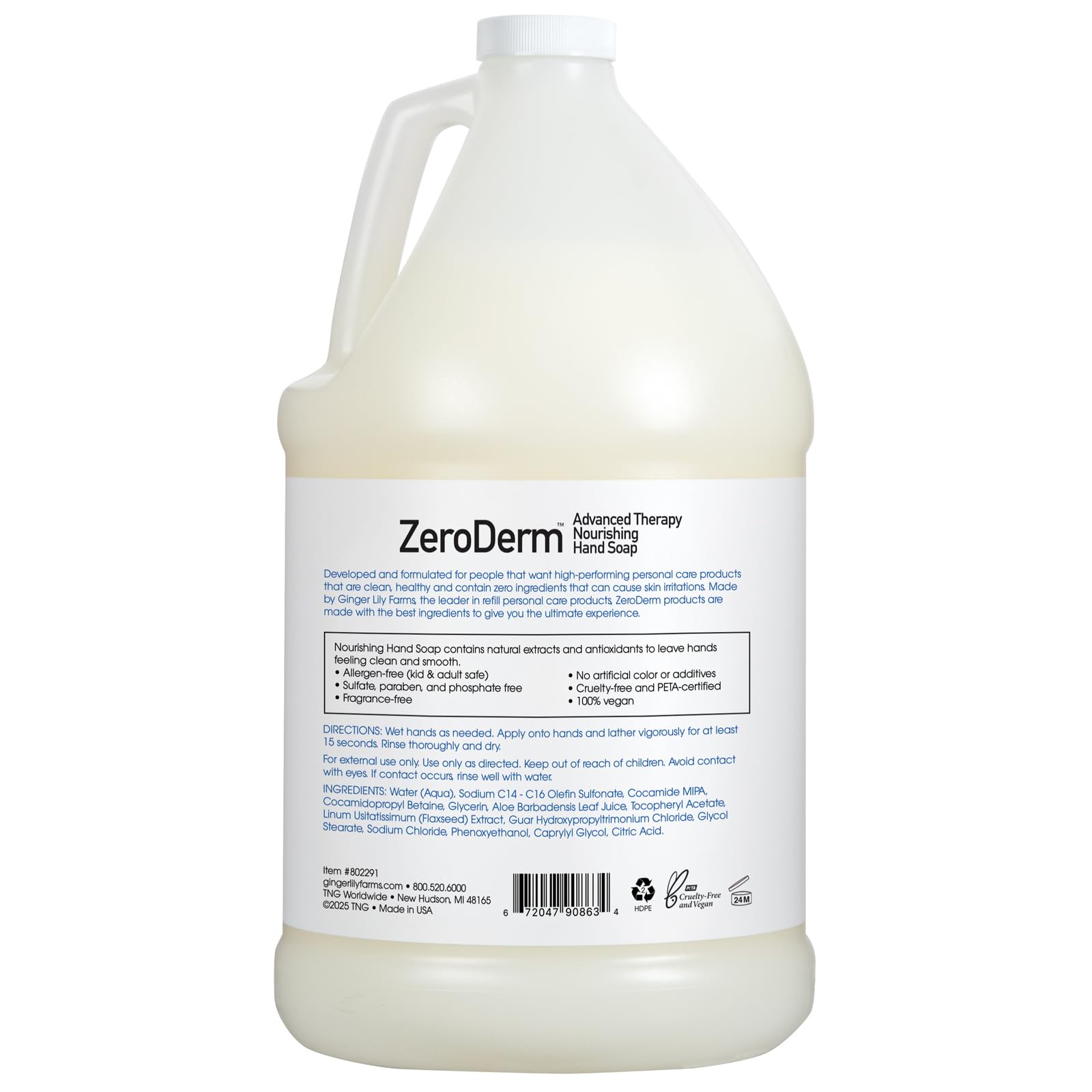 Ginger Lily Farms ZeroDerm hand soap label closeup showing fragrance-free, skin-friendly formula.