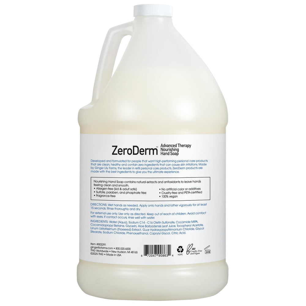 Ginger Lily Farms ZeroDerm hand soap label closeup showing fragrance-free, skin-friendly formula.