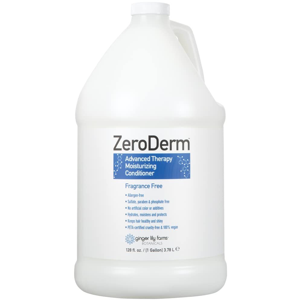 Ginger Lily Farms ZeroDerm Advanced Therapy Conditioner bottle showcases fragrance-free formula for sensitive skin.