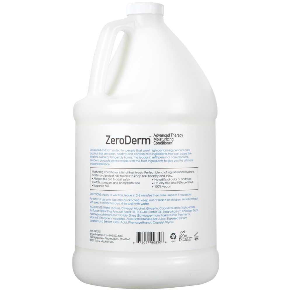 Ginger Lily Farms ZeroDerm conditioner label close-up highlighting allergen-free ingredients.