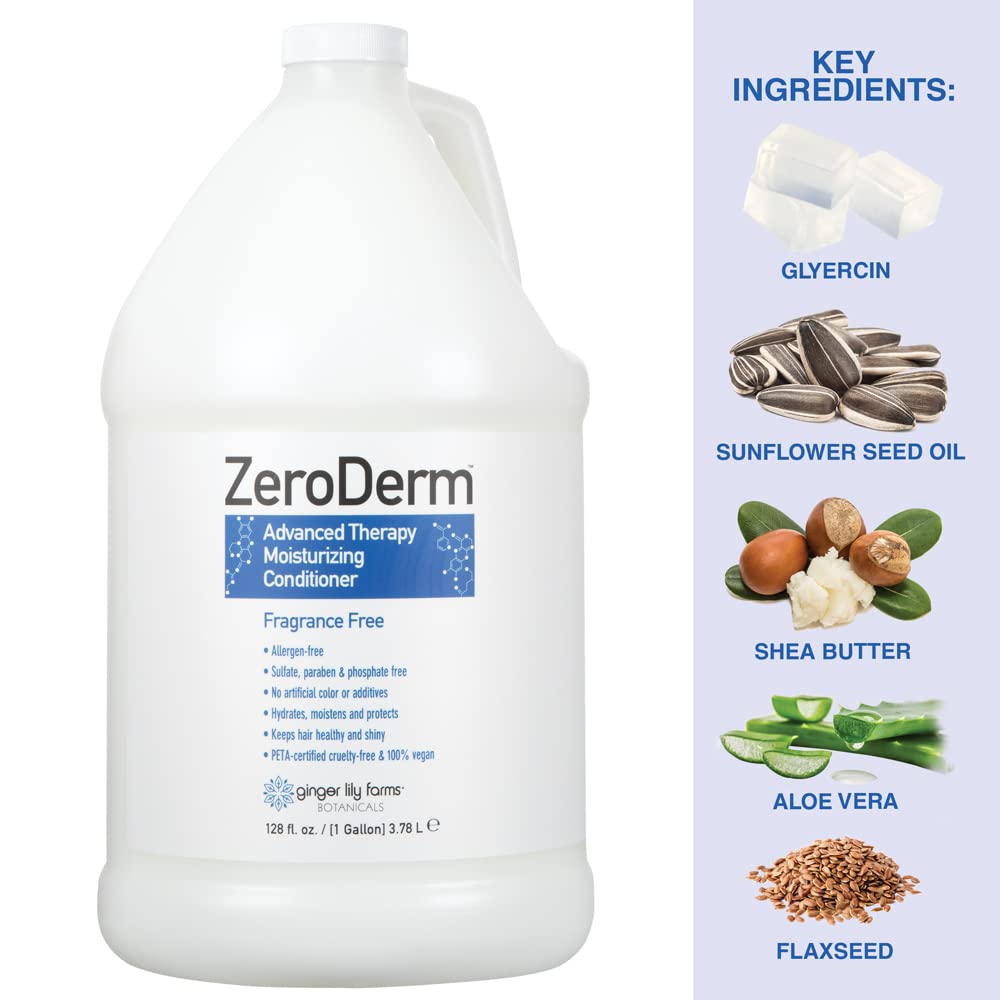 Ginger Lily Farms ZeroDerm conditioner on soft, shiny hair demonstrating hydration.