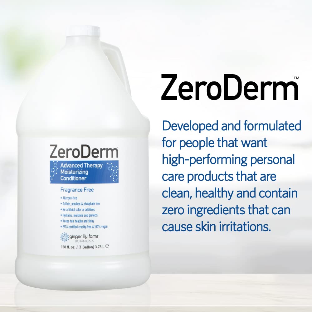 Ginger Lily Farms ZeroDerm displayed in a salon backbar for bulk use.