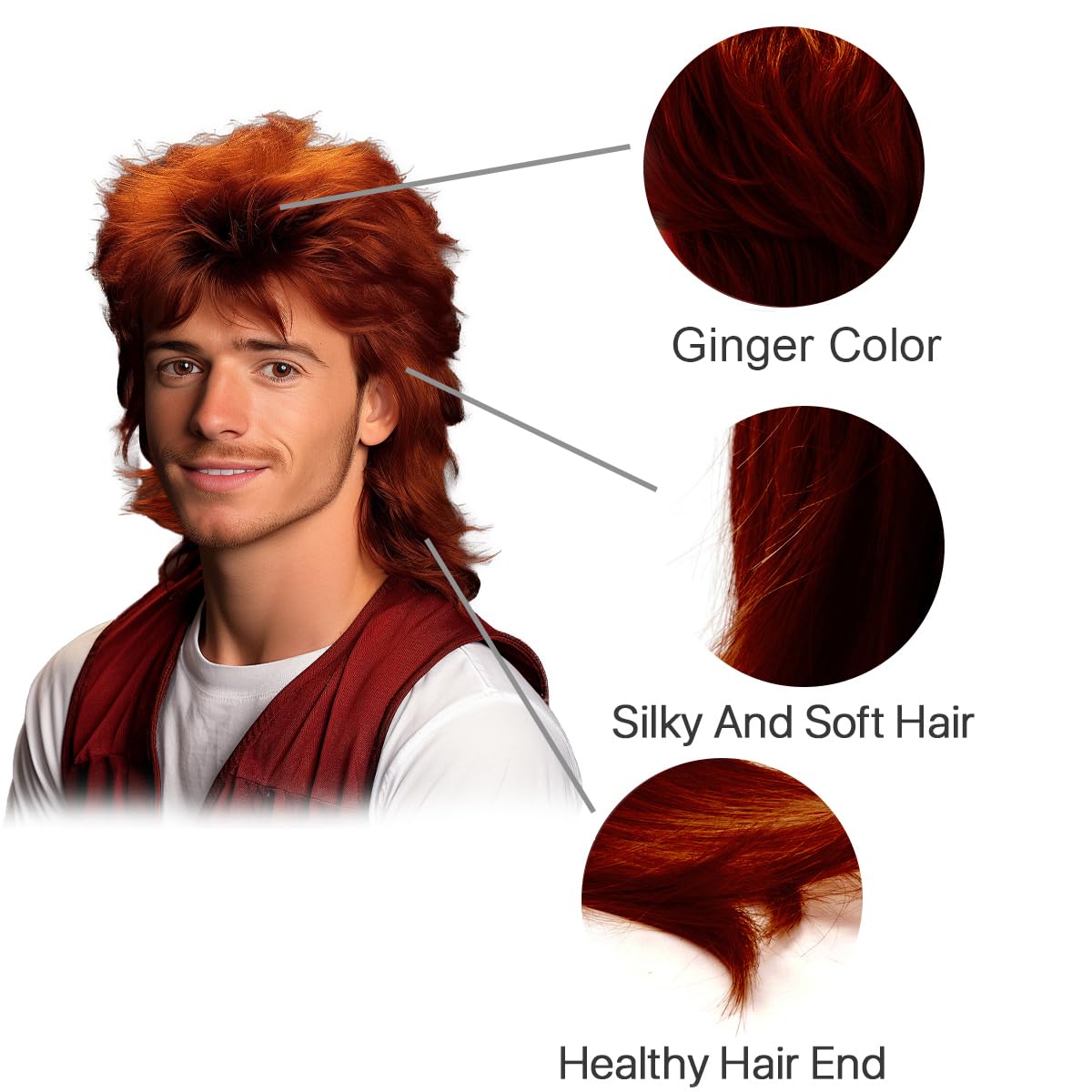 Ginger Mullet Wig close-up texture emphasizes synthetic fiber realism.