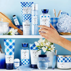 Gingham body cream fragrance notes with blue freesia and peach