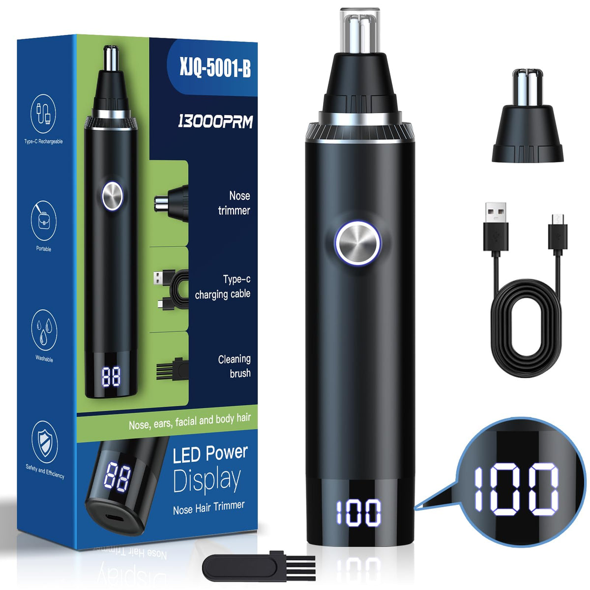 Ginity nose hair trimmer with LED display for precise grooming and battery awareness.