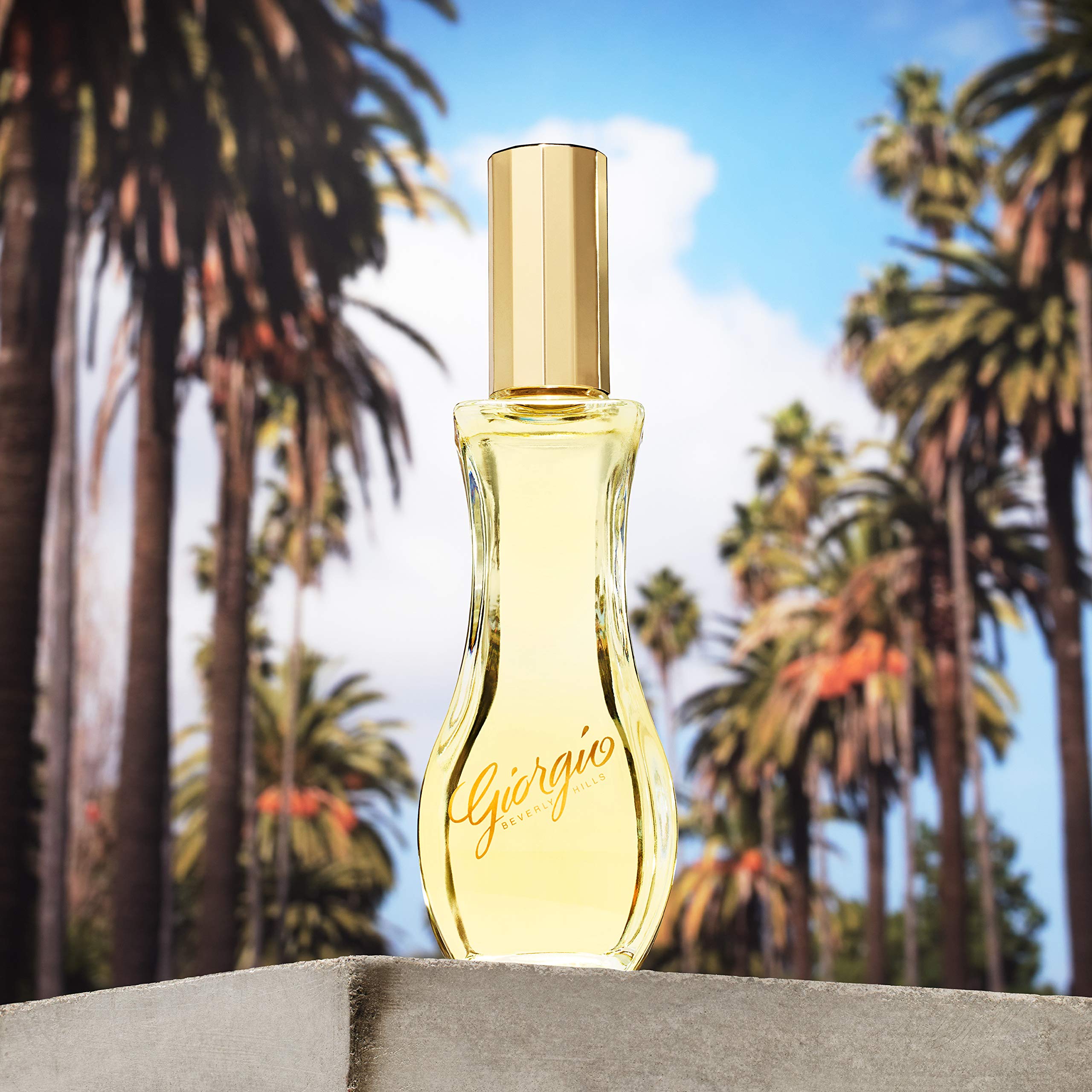 Giorgio Beverly Hills For Women flacon closeup reveals refined glass and gold accents.