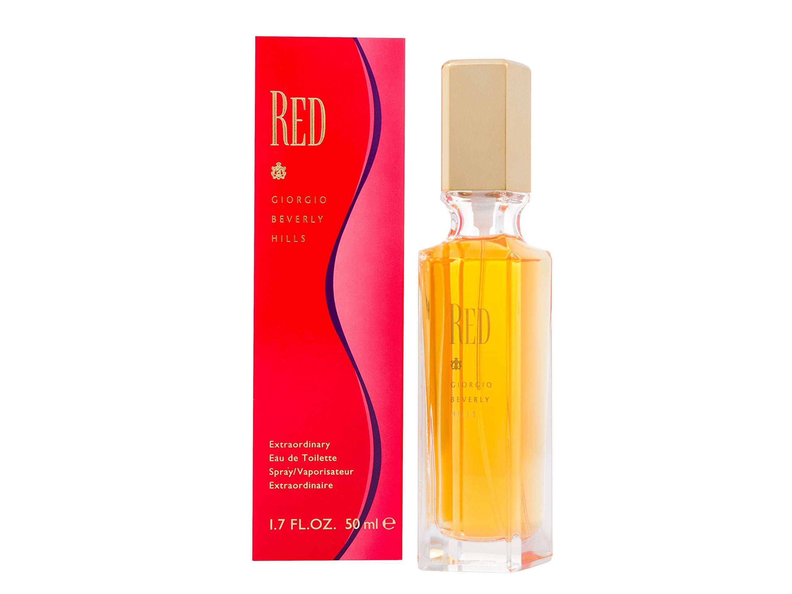 Giorgio Beverly Hills Red EDT bottle front view showing sleek silhouette for day and night wear.