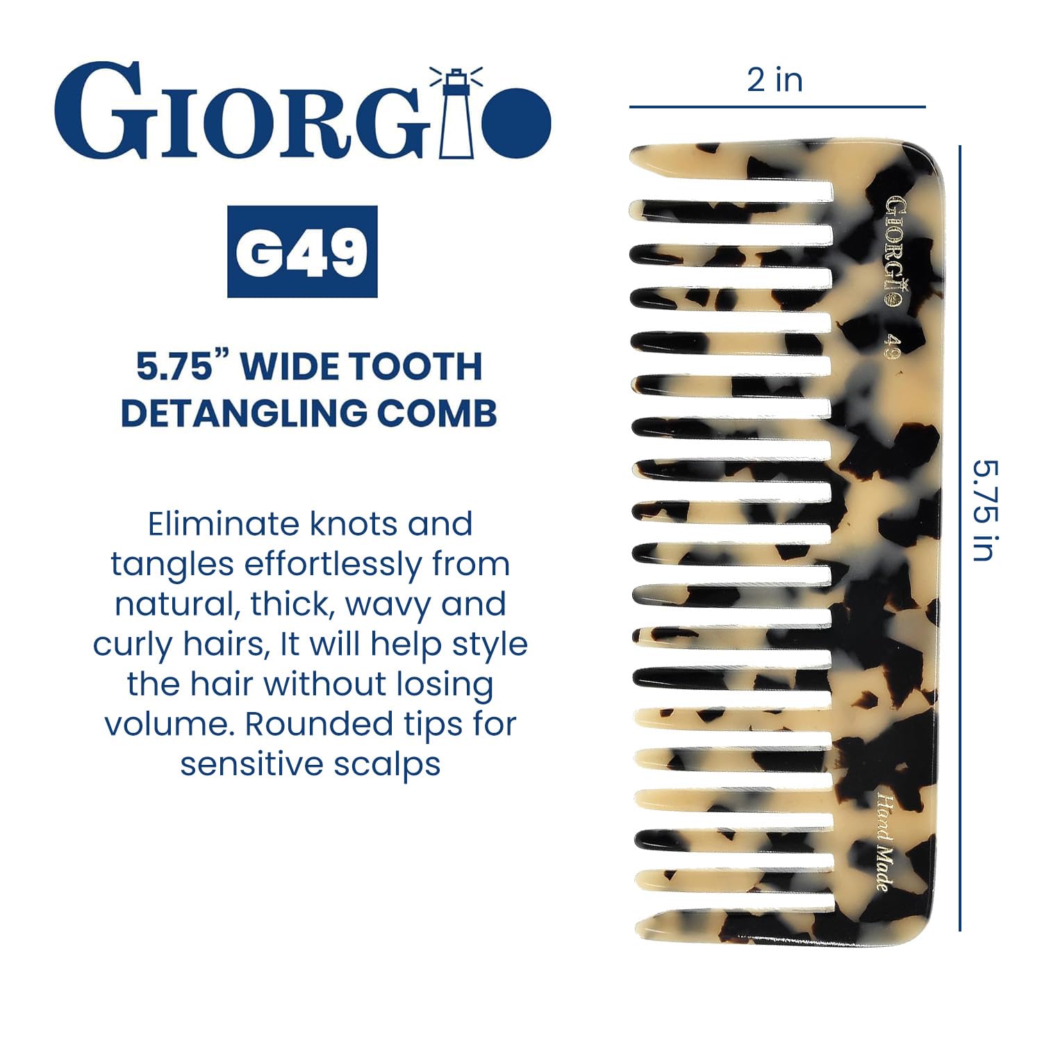 Giorgio G49 wide-tooth detangler in hand demonstrates effortless detangling for thick curls.