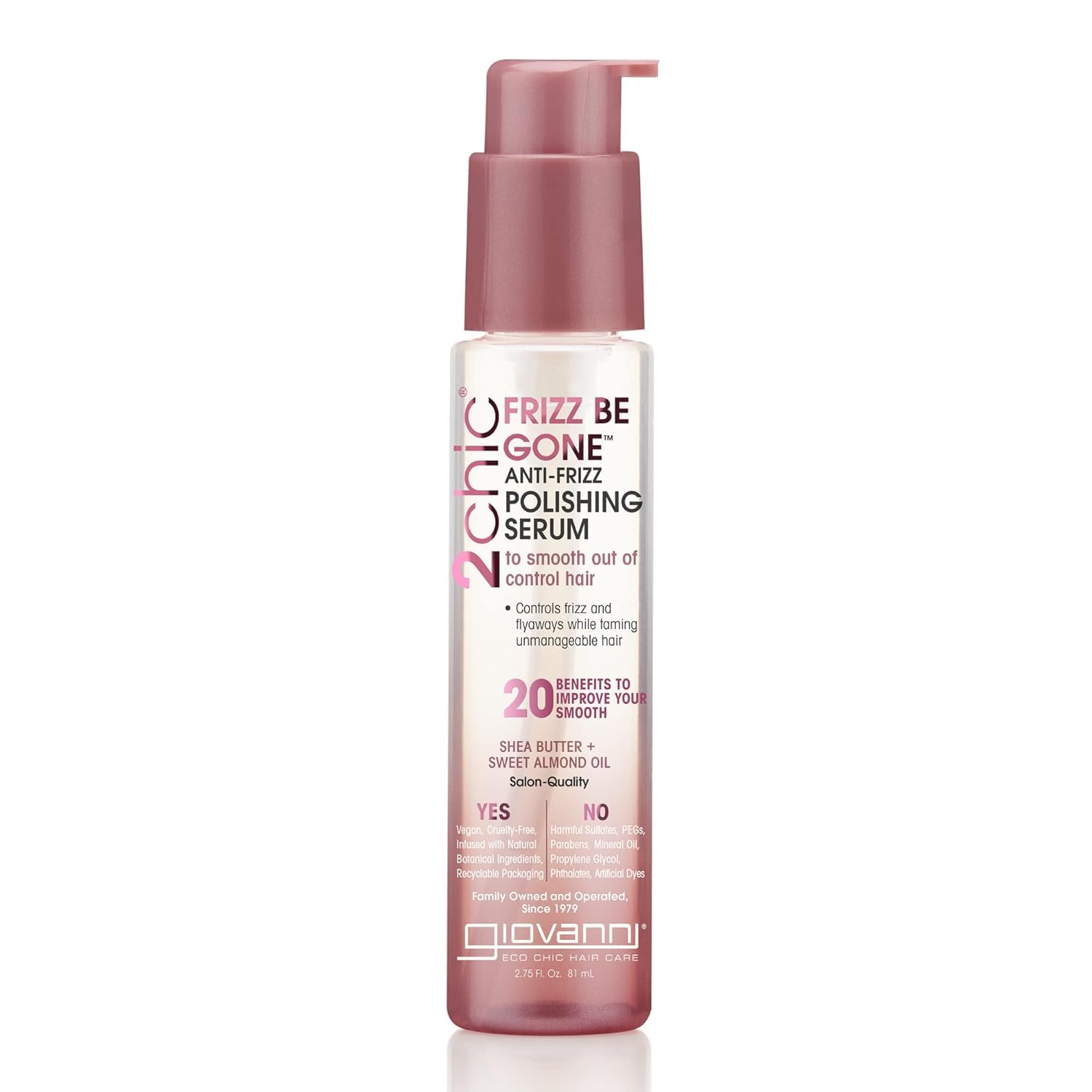 Giovanni 2chic Frizz Be Gone serum bottle delivering smoothing results.