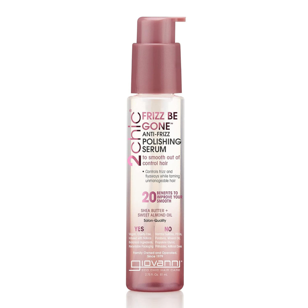 Giovanni 2chic Frizz Be Gone serum bottle delivering smoothing results.