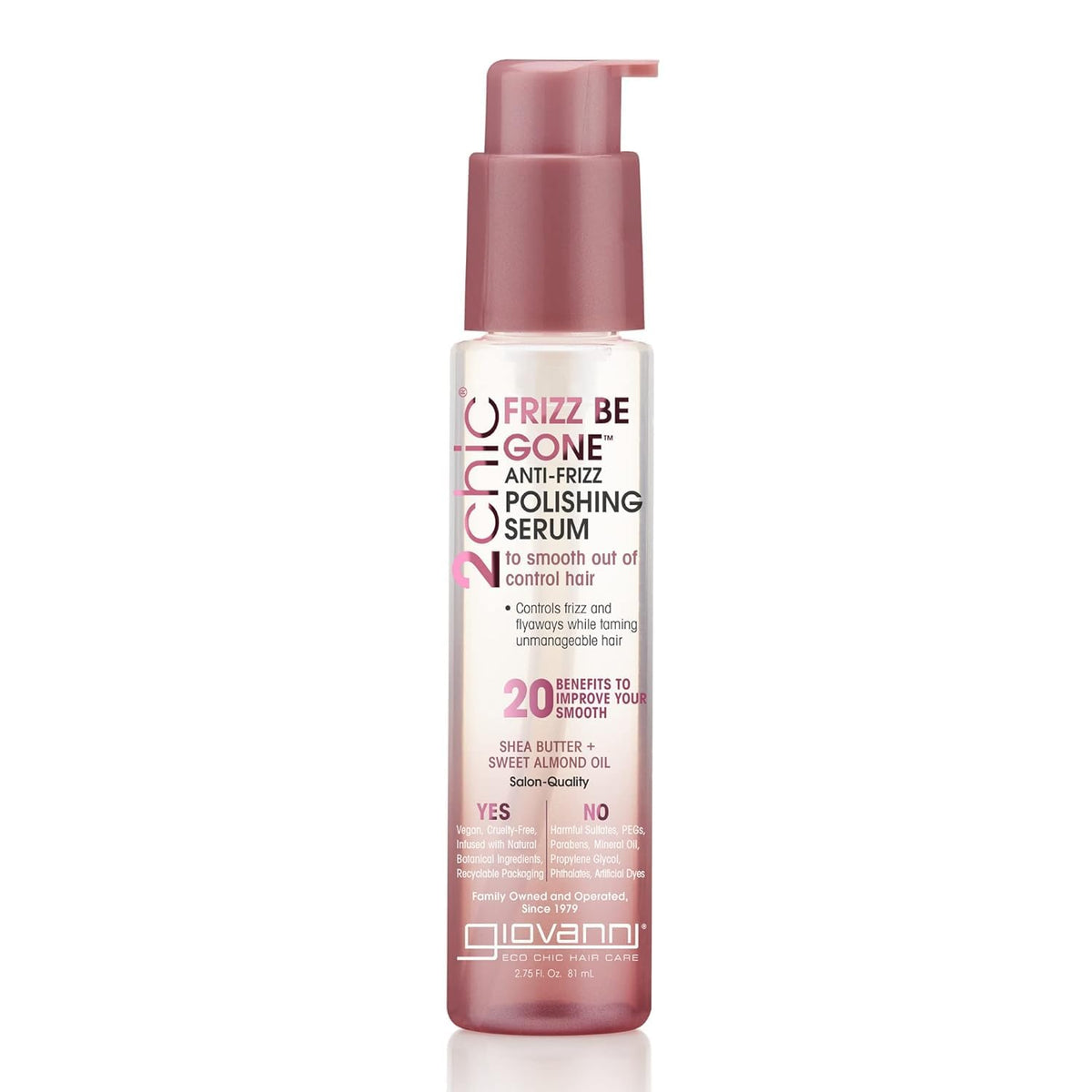 Giovanni 2chic Frizz Be Gone serum bottle delivering smoothing results.