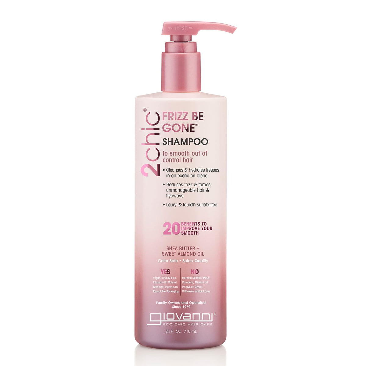GIOVANNI 2chic Frizz Be Gone shampoo bottle shows color-safe smoothing for frizz-prone hair