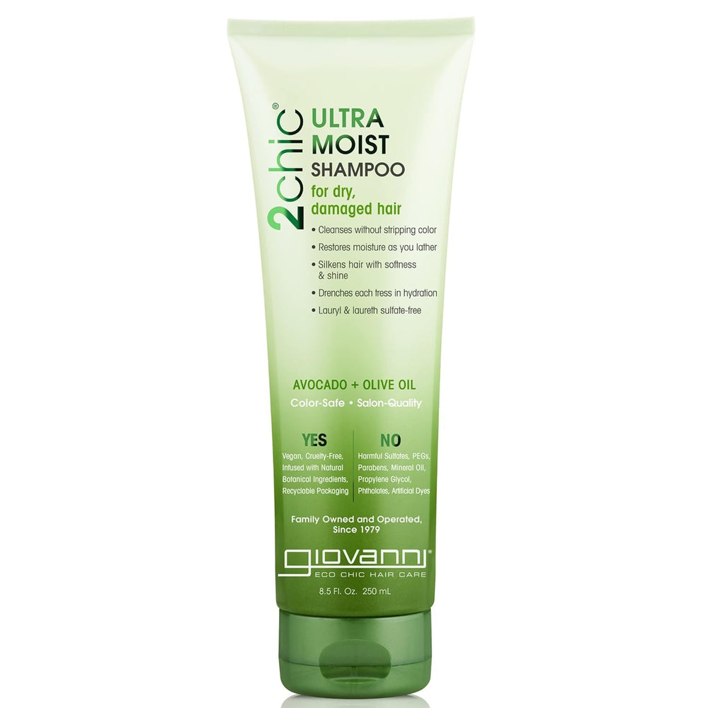 Giovanni 2chic Ultra-Moist Shampoo bottle with avocado-olive oil hydration for color-treated hair.