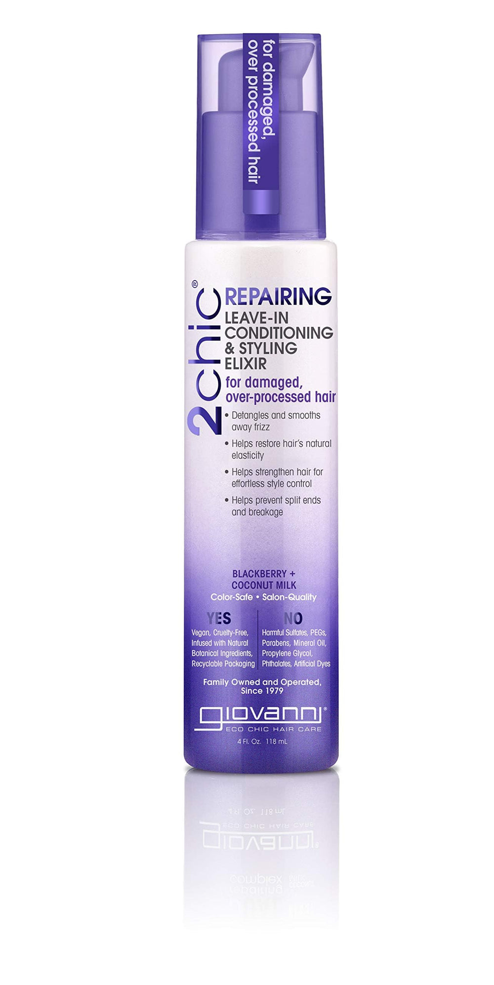 GIOVANNI 2chic Ultra Repairing Leave-In Elixir bottle shows detangling action and luminous shine.