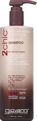 GIOVANNI 2chic Ultra-Sleek Shampoo label highlights color-safe vegan-friendly formula