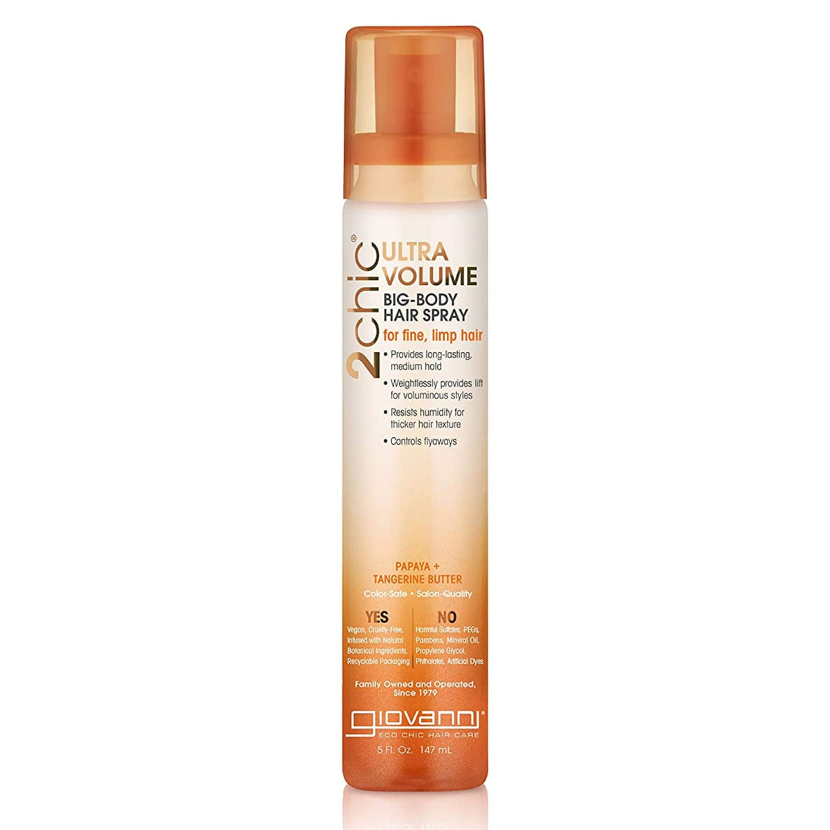 GIOVANNI 2chic Ultra-Volume Big Body Hair Spray bottle delivers weightless hold for fine hair.