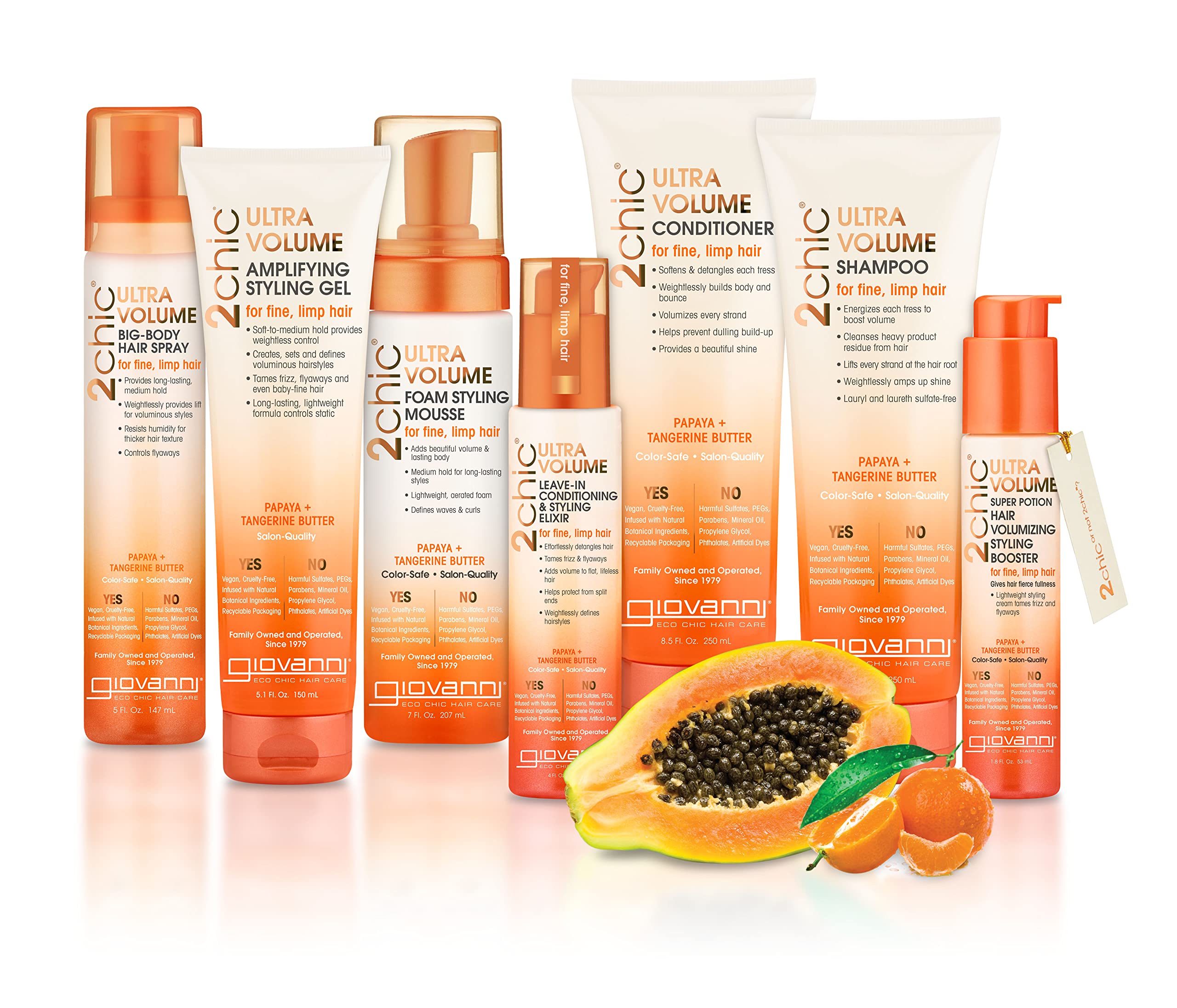 GIOVANNI 2chic Ultra-Volume close-up highlights papaya and tangerine butter for volume.