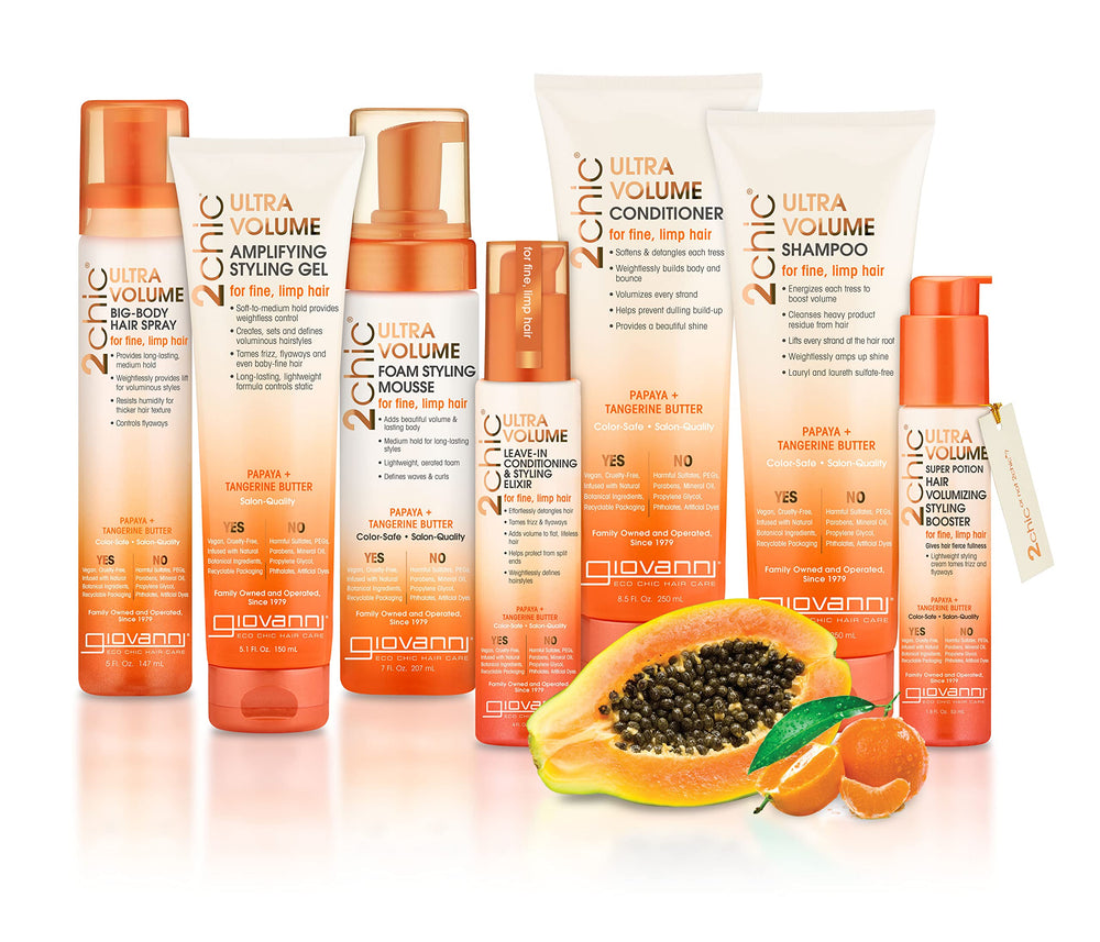 GIOVANNI 2chic Ultra-Volume close-up highlights papaya and tangerine butter for volume.