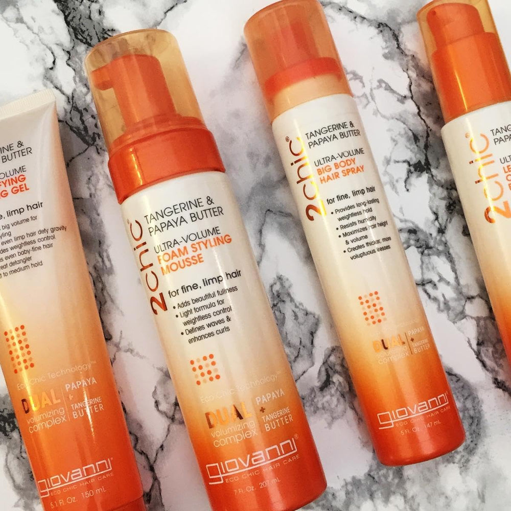 GIOVANNI 2chic Ultra-Volume satin-finish spray adds shine without weighing hair.
