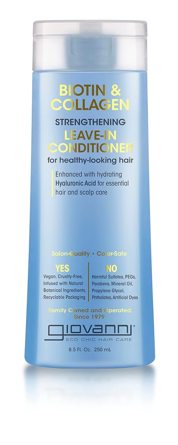 GIOVANNI Biotin & Collagen Leave-In Bottle promotes stronger, shinier hair.