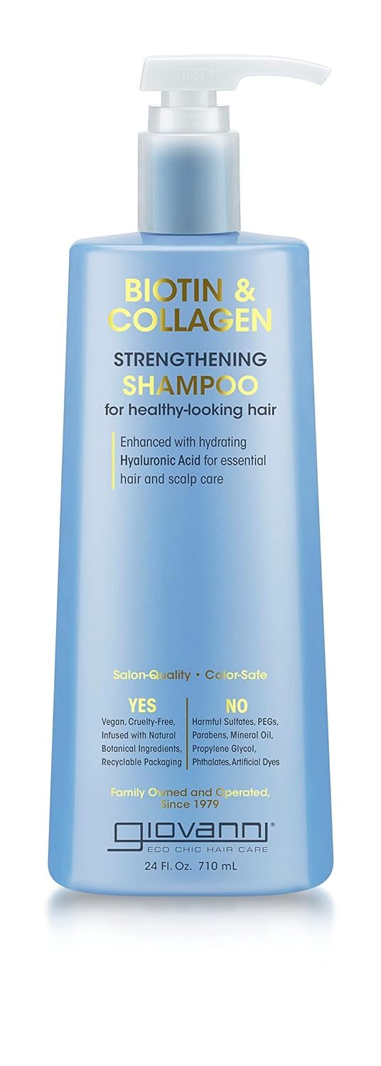 GIOVANNI Biotin & Collagen Shampoo bottle front highlights salon-quality care for stronger-looking strands.
