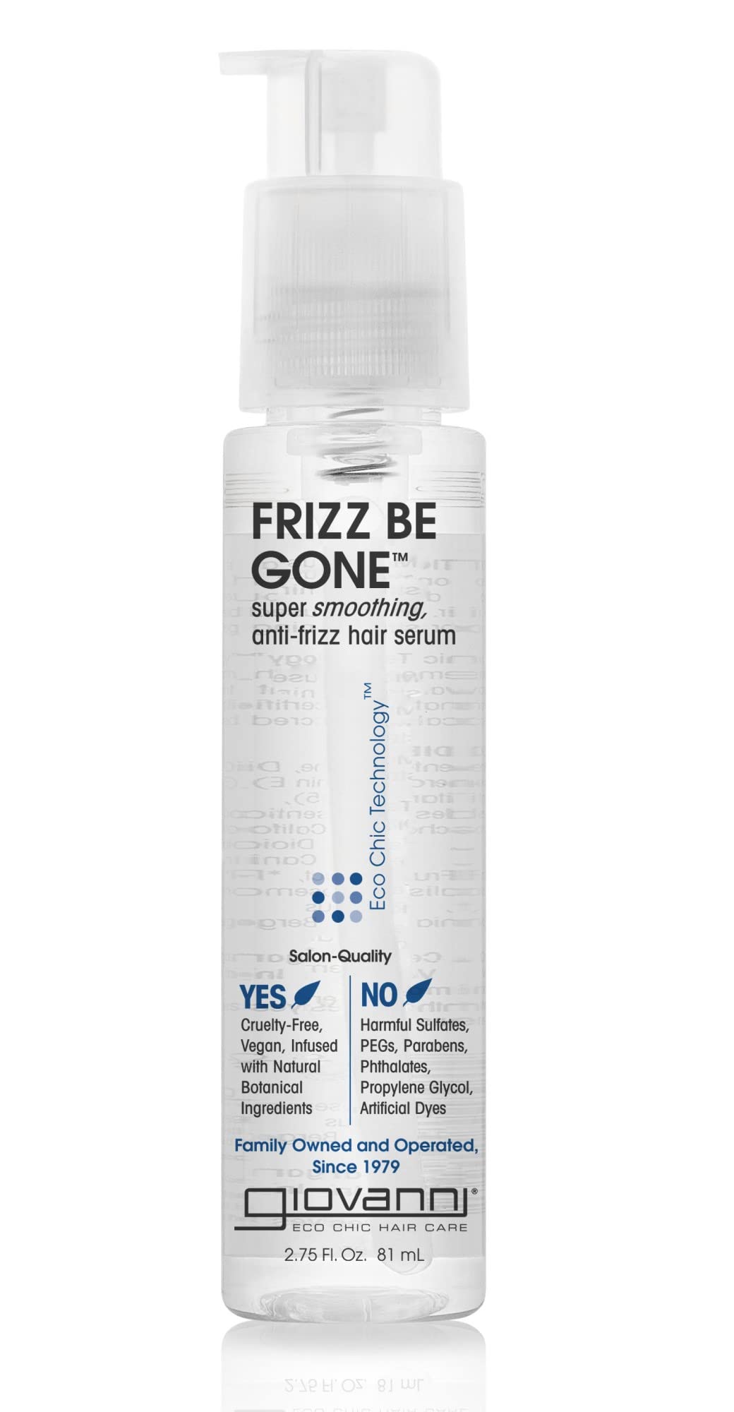 GIOVANNI Eco Chic Frizz Be Gone bottle pour shows frizz control for sleek hair.