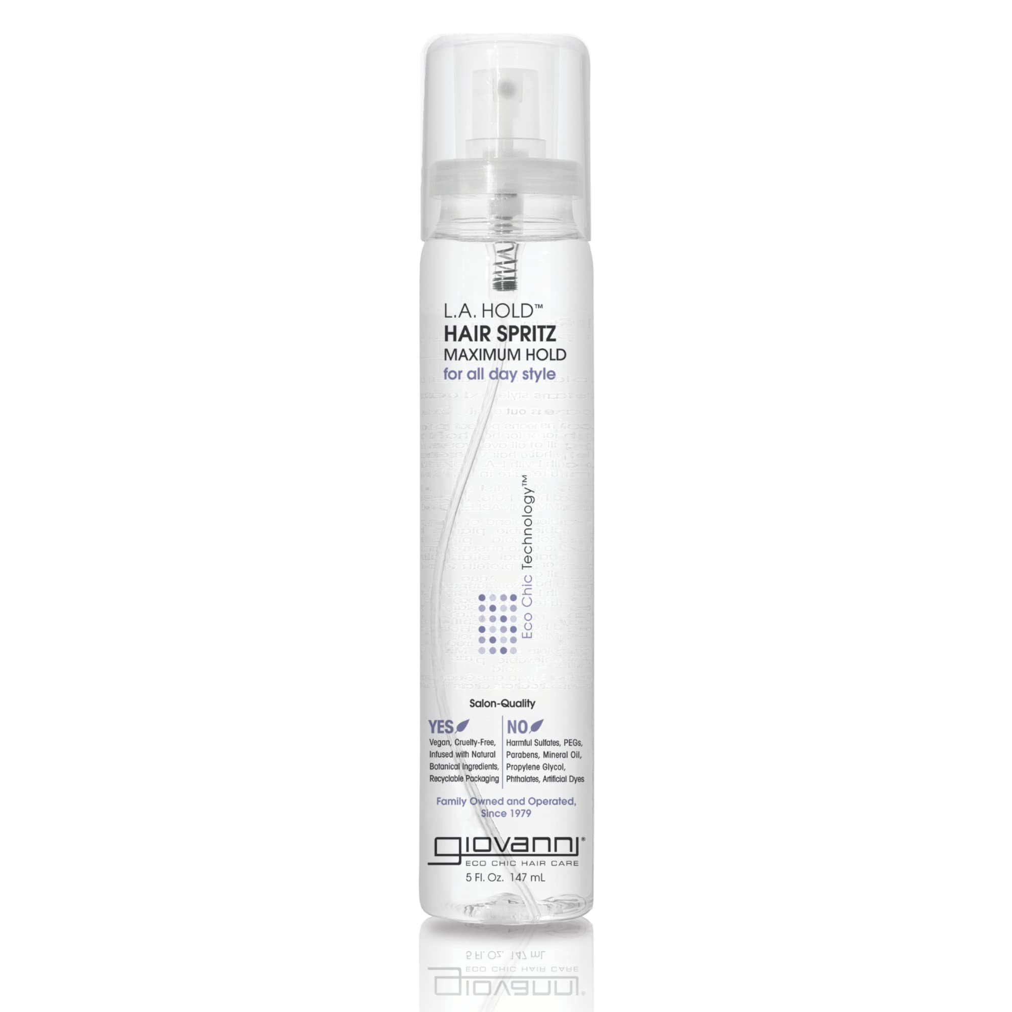 GIOVANNI L.A. Hold Hair Spritz bottle shows maximum hold with a controlled spray