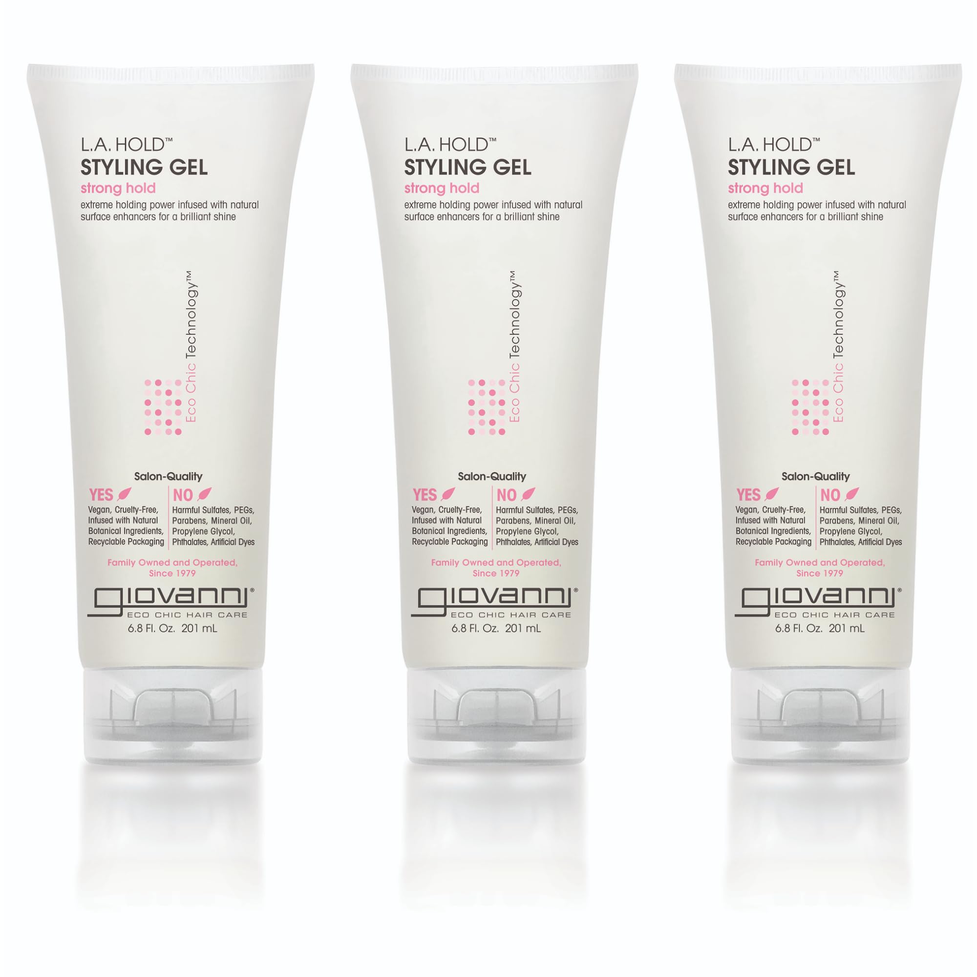 Giovanni LA Hold Gel bottle closeup showing strong hold for all hair types.