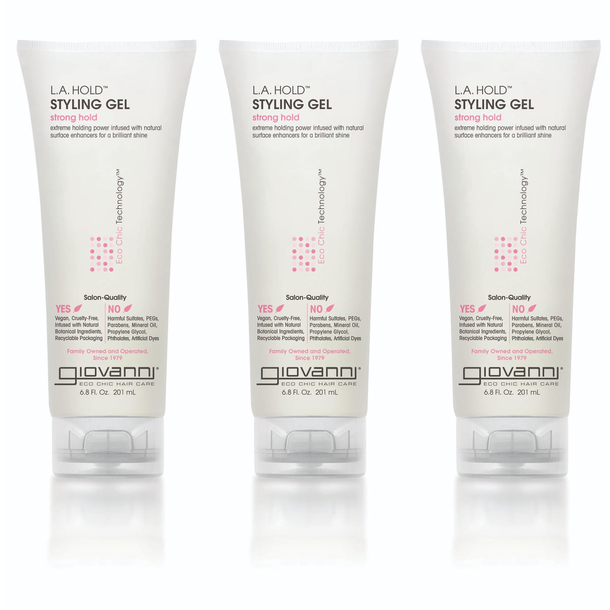 Giovanni LA Hold Gel bottle closeup showing strong hold for all hair types.