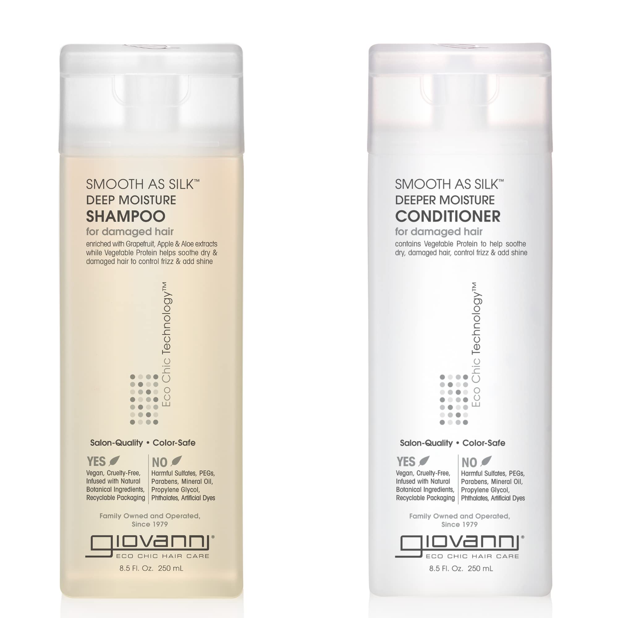 GIOVANNI Smooth as Silk Deeper Moisture shampoo bottle showing frizz control and detangling.