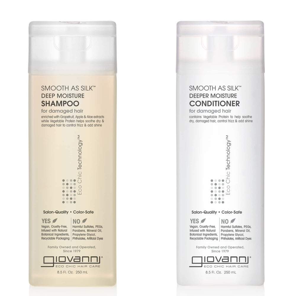 GIOVANNI Smooth as Silk Deeper Moisture shampoo bottle showing frizz control and detangling.