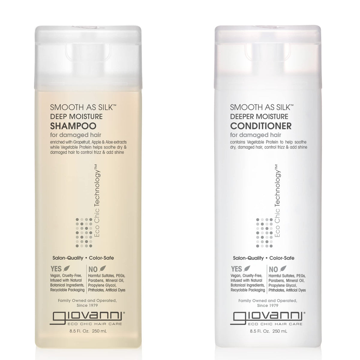 GIOVANNI Smooth as Silk Deeper Moisture shampoo bottle showing frizz control and detangling.