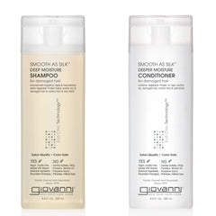 GIOVANNI Smooth as Silk Deeper Moisture shampoo bottle showing frizz control and detangling.