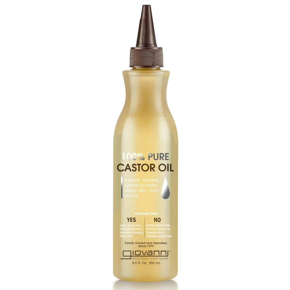 Giovanni smoothing castor oil bottle closeup shows pure hair and skin nourishment.