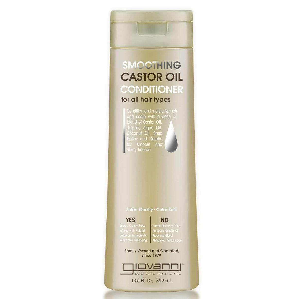 Giovanni smoothing castor oil conditioner bottle highlights frizz control and shine