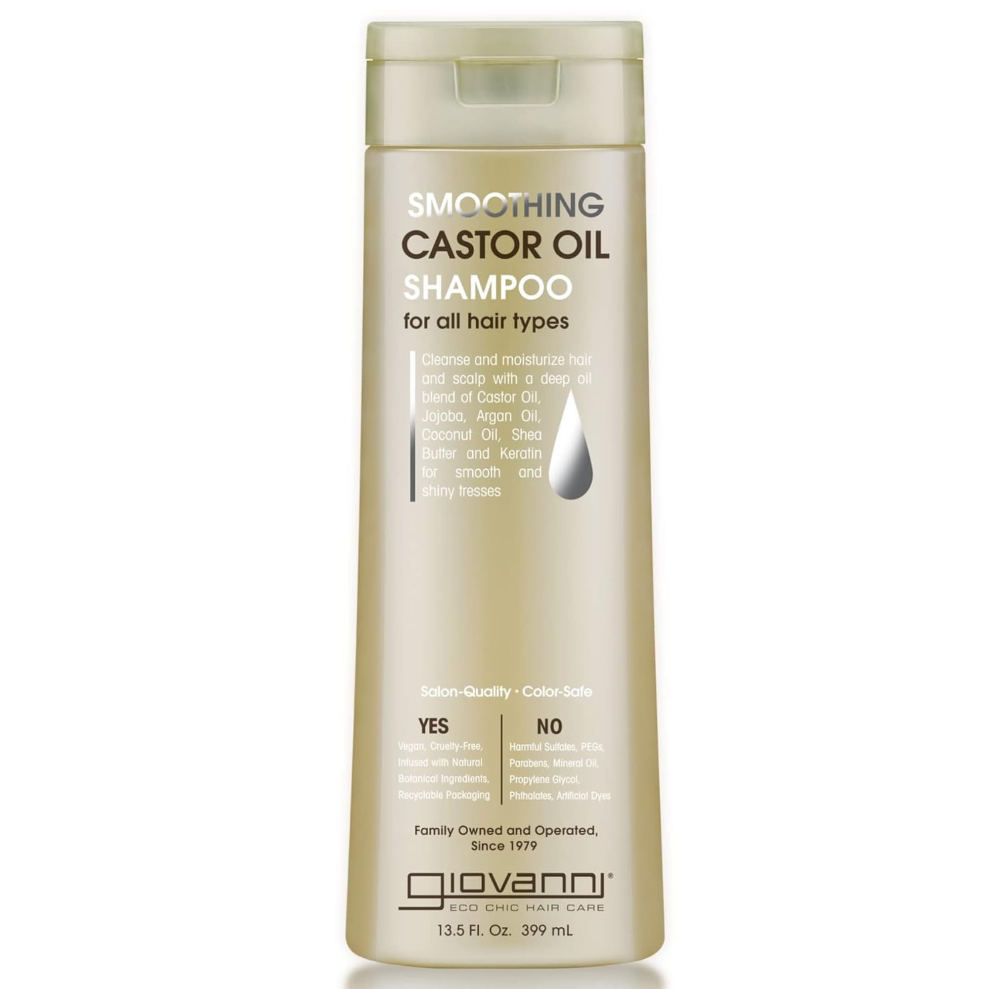 GIOVANNI Smoothing Castor Oil Shampoo bottle showing frizz control and hydration