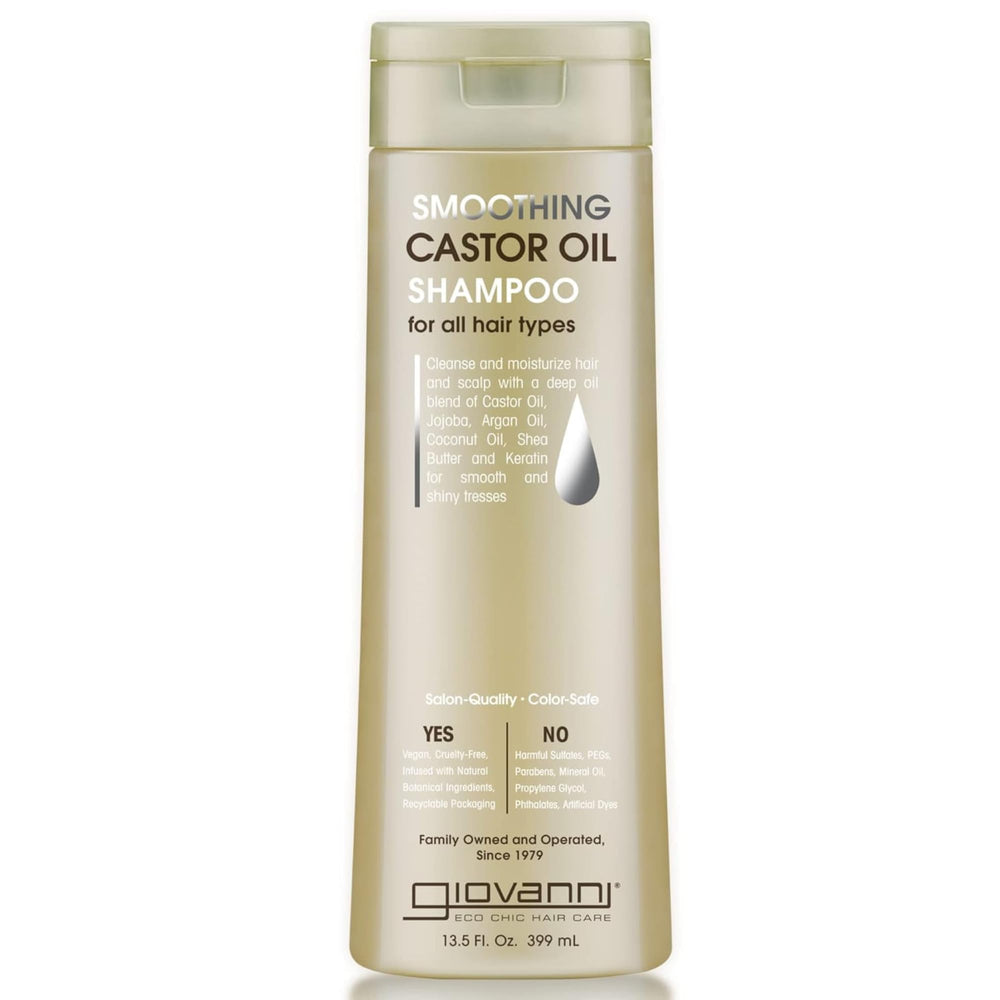 GIOVANNI Smoothing Castor Oil Shampoo bottle showing frizz control and hydration
