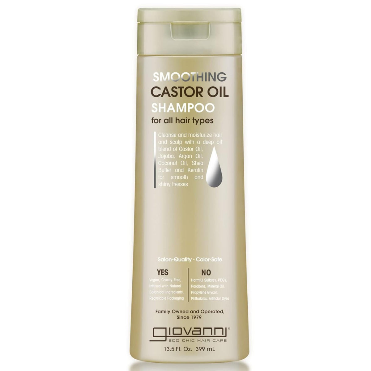 GIOVANNI Smoothing Castor Oil Shampoo bottle showing frizz control and hydration