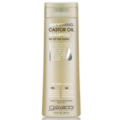 GIOVANNI Smoothing Castor Oil Shampoo bottle showing frizz control and hydration