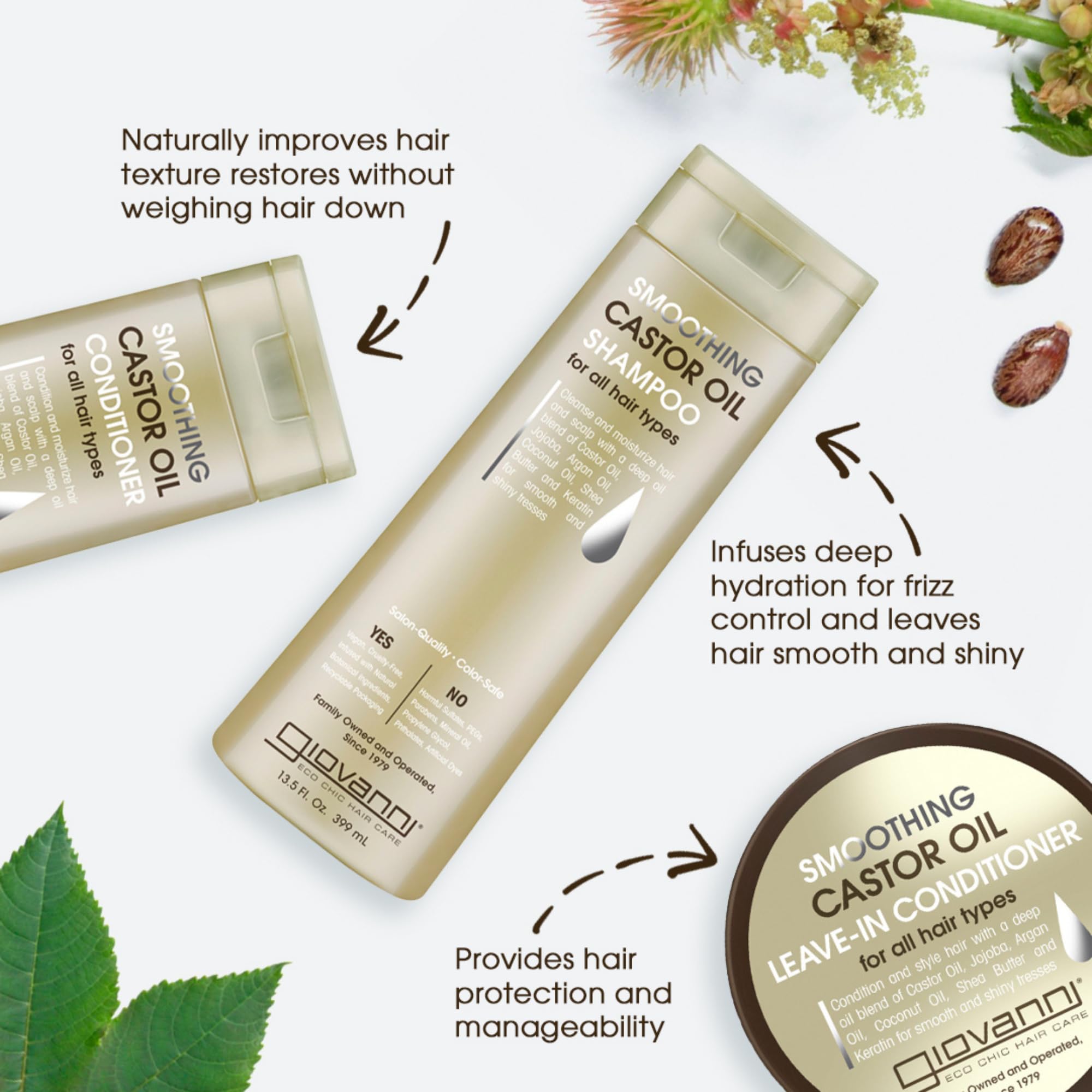 GIOVANNI Smoothing Castor Oil Shampoo label highlights vegan cruelty-free credentials